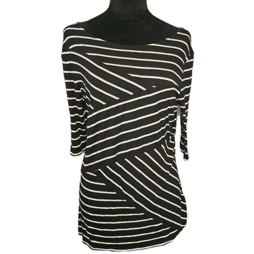 Cable and Gage Women's Top Sz Large Striped 3/4 Sleeve Casual Monochrome Fitted